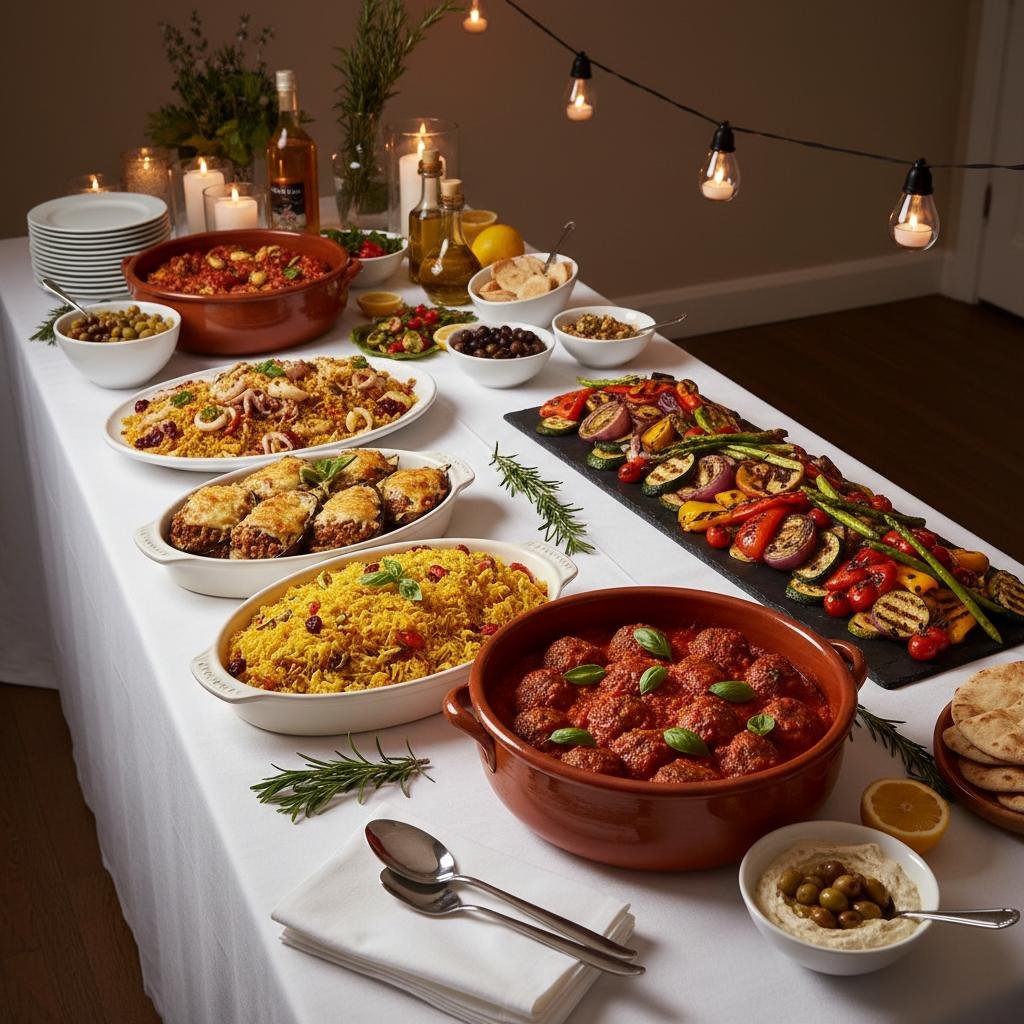 Mediterrane buffet catering met gehaktballen en aubergine